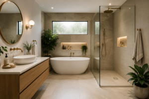 Modern luxury bathroom renovation with freestanding bathtub and glass shower