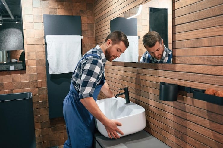 holding moving sink plumber blue uniform is work bathroom 146671 86387